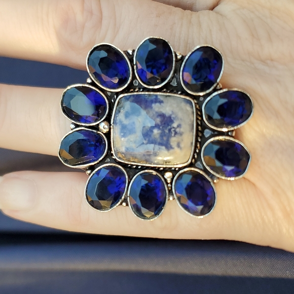 New Oversized Sodalite & Blue Topaz 925 Silver Statement Ring. - Picture 4 of 15